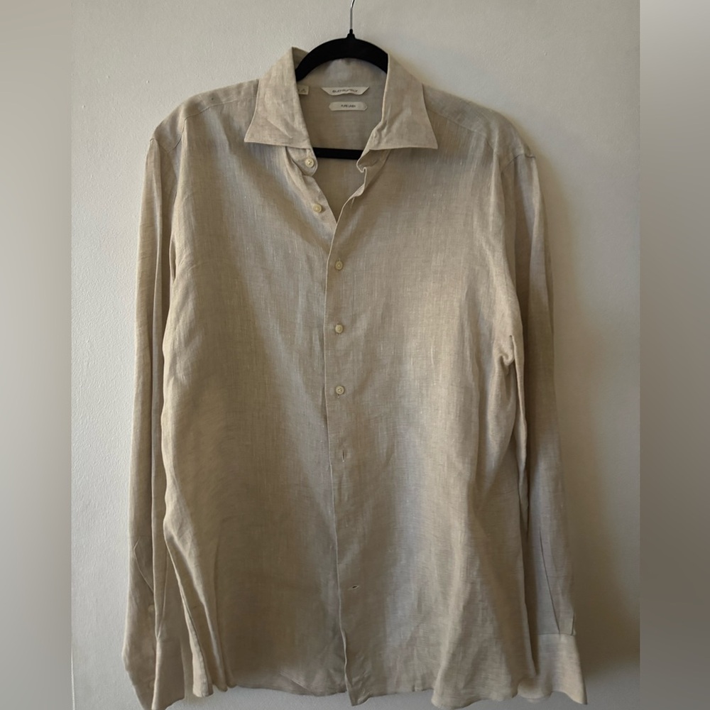 Suitsupply Linen Tan Casual Button Down Shirt